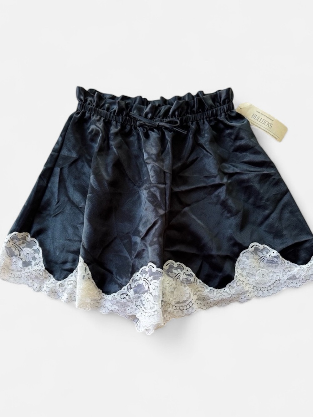 Vintage Natori Black High Waist Satin Shorts with White Lace Trim Sz Small NWT